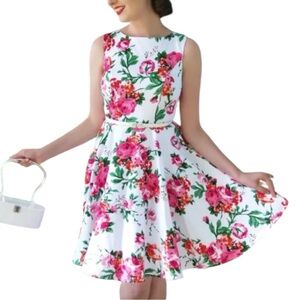 Grace Karin Fit & Flare Floral Dress | Size L | White Pink Peony Sleeveless